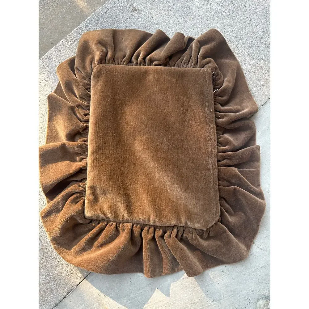 Vintage handmade needlepoint turtle pillow sham brown velvet ruffle orange